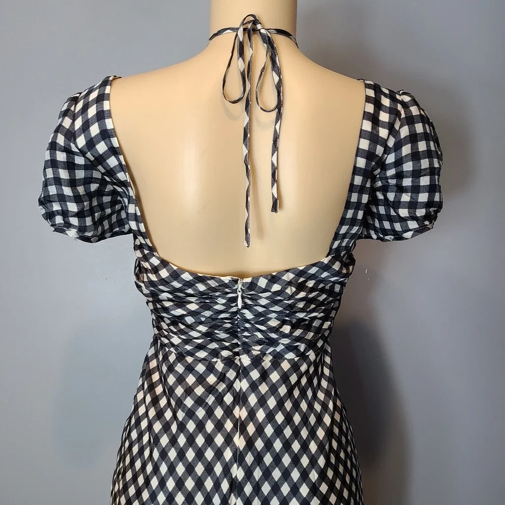 J crew collection tie neck maxi dress cap sleeve gingham black sz 12 Cottage NEW